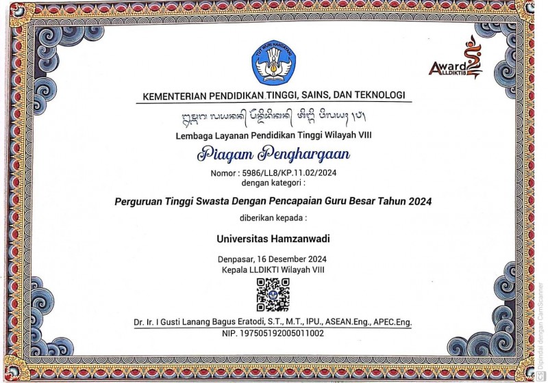 Foto Sertifikat Penghargaan Kategori Perguruan Tinggi Swasta dengan Pencapaian Guru Besar Tahun 2024 (Sumber: Dr. H. Fauzan, M.Pd.) Foto Sertifikat Penghargaan Kategori Perguruan Tinggi Swasta dengan Pencapaian Guru Besar Tahun 2024 (Sumber: Dr. H. Fauzan, M.Pd.)